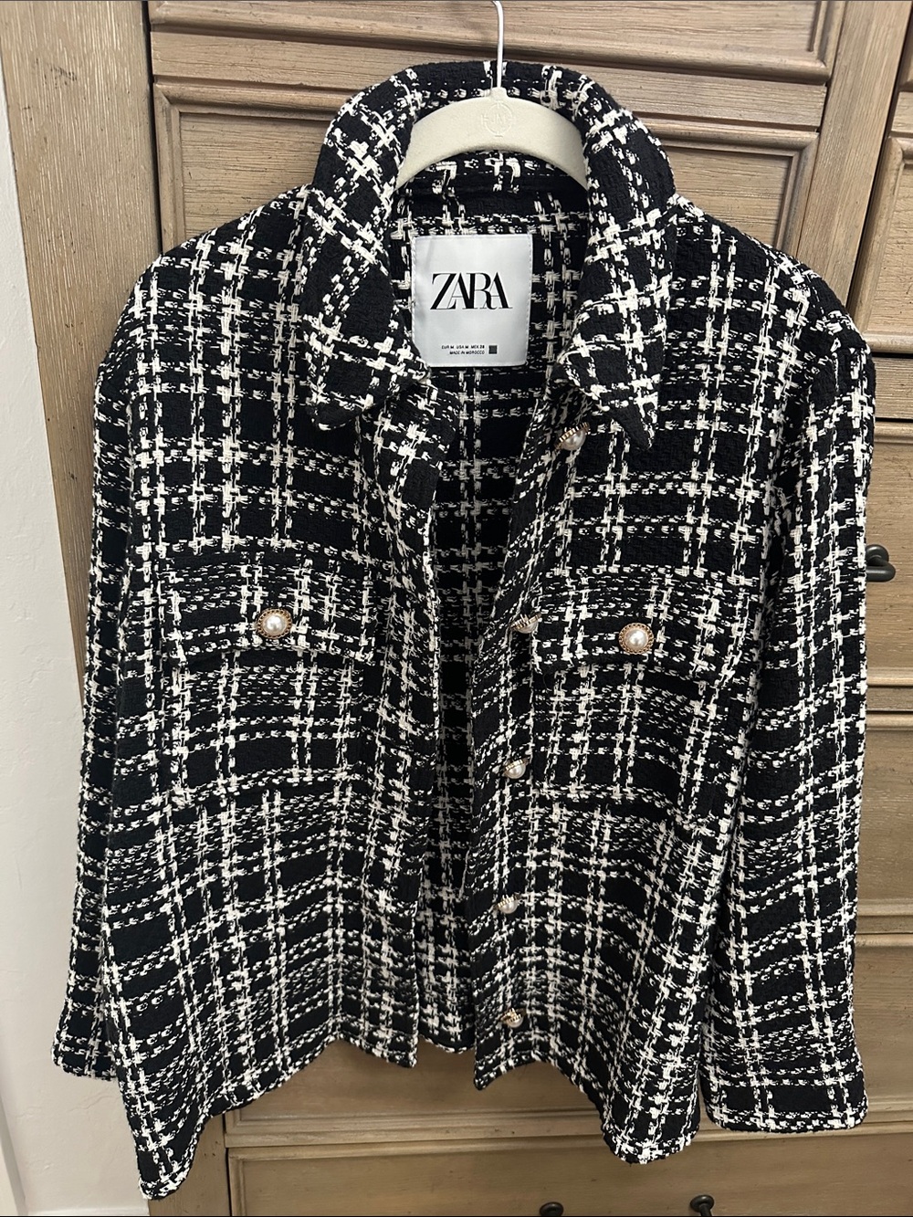 ZARA Black and White Plaid Tweed Blazer with Pearl Buttons